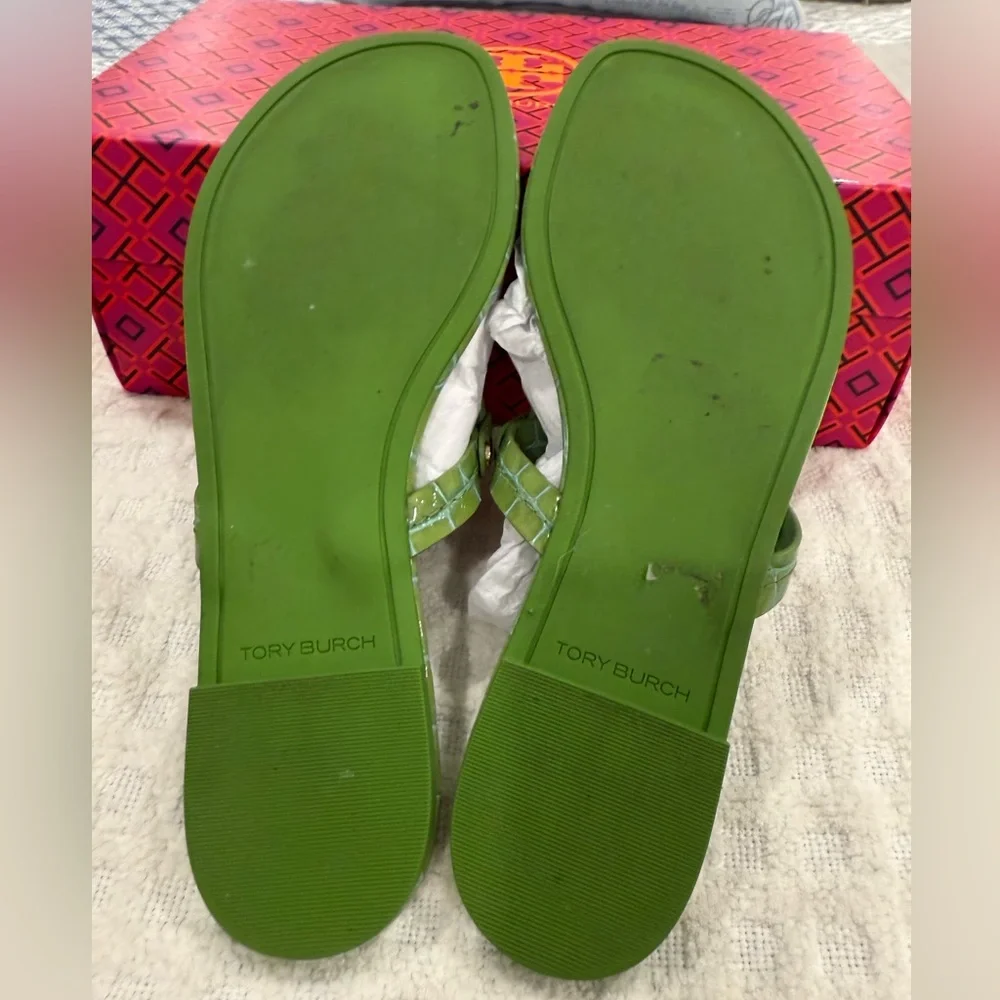 Tory Burch Iconic Croc-Embossed Leather Sandals in Jolly Green, LIKE-NEW! - Picture 10 of 11